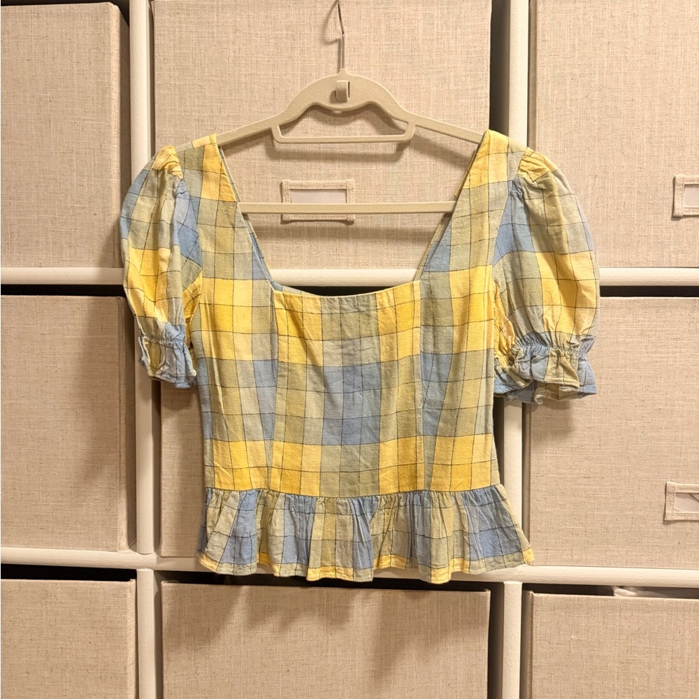 STAUD Gingham Peplum Puff Sleeve Top (Size 2)